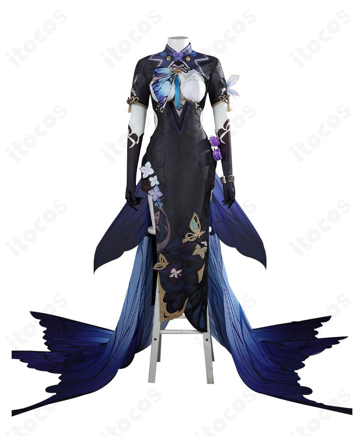 アポニア『胡蝶の夢造り』コスプレ衣装の正面全身。襟元と胸元装飾、シルエットが分かる構図。