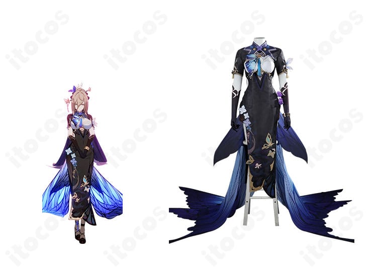 崩壊3rd アポニア『胡蝶の夢造り』コスプレ衣装の正面とキャラクター比較。配色と蝶モチーフを高再現。