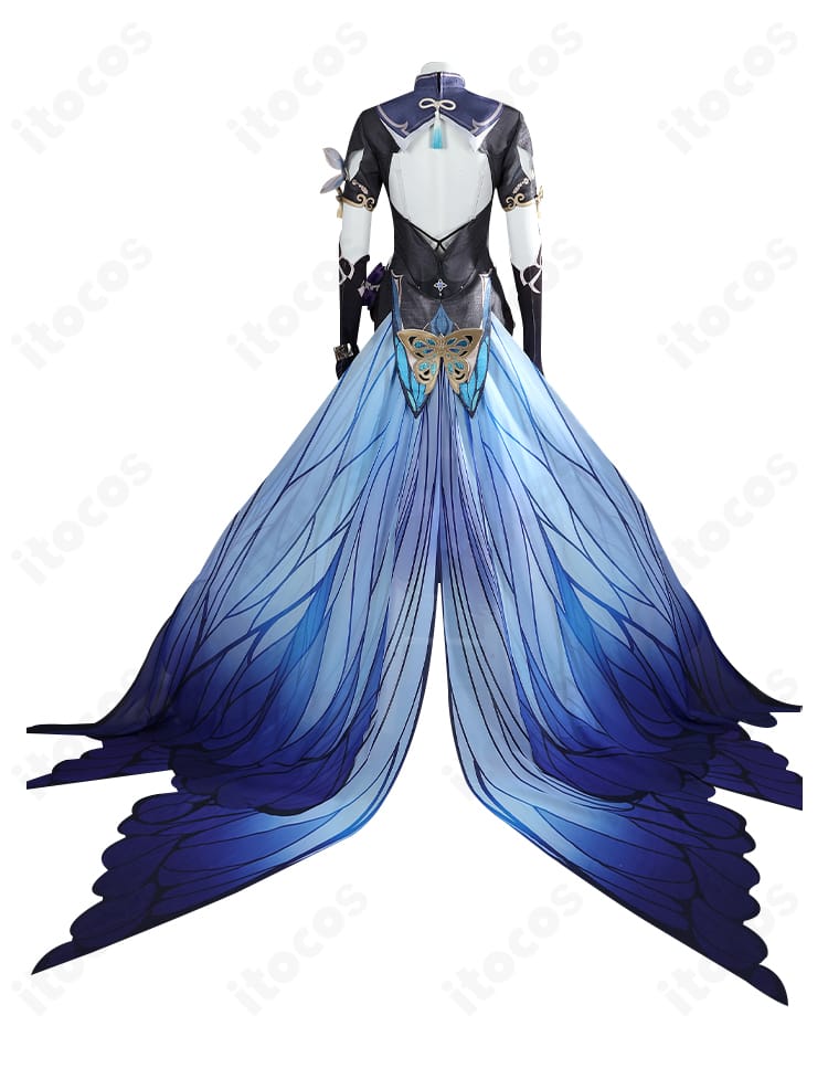 アポニア衣装の背面全体。背飾りとベール、裾の流れを捉えた後ろ姿のディテール。