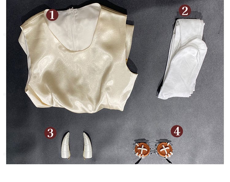 Identity V 第五人格 少女 記憶パンドラ コスプレ衣装のセット内容。ワンピース・頭飾り・メガネ・靴下の一式を並べた写真