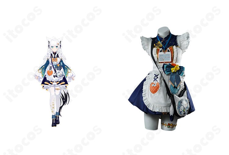ホロライブ 白上フブキのレトロ喫茶衣装コスプレ一式とキャラクター参考の組み合わせ画像。全体シルエットと色味の再現が分かる構図。