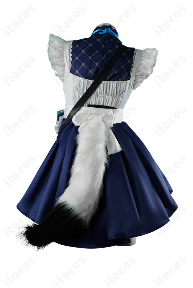 白上フブキ レトロ喫茶衣装の背面。腰の大きな蝶結びとスカートの広がり、尻尾パーツの見え方が分かるバックビュー。
