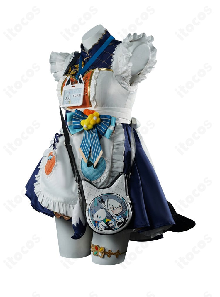 白上フブキ コスプレ衣装の側面。スカートのラインや袖パーツの立体感、ショルダーバッグ位置が分かるサイドショット。