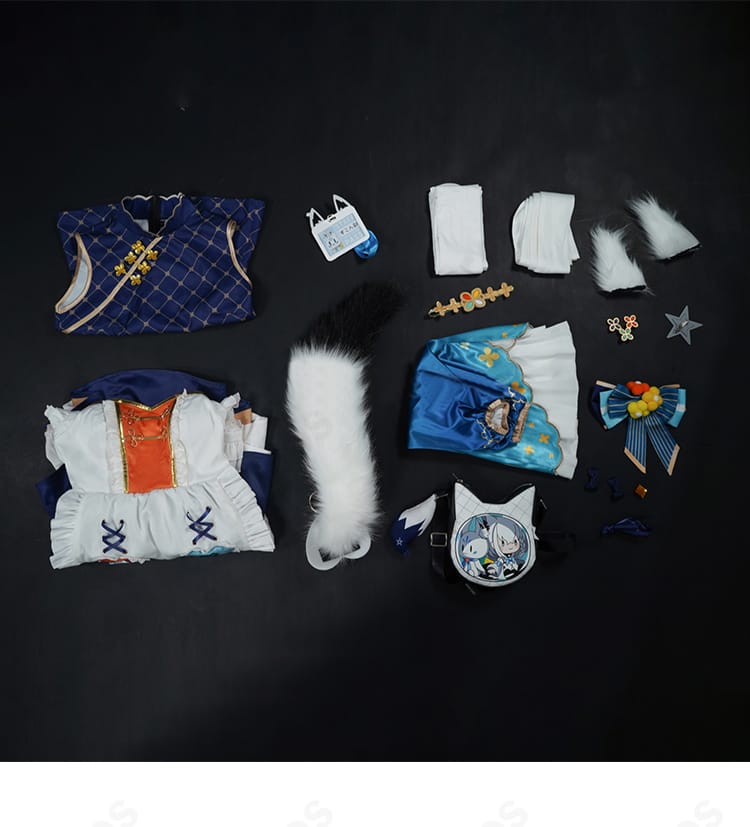 白上フブキ レトロ喫茶衣装のセット内容一覧。ワンピース、エプロン、バッグ、耳・尻尾、名札など全アイテムを並べた画像。