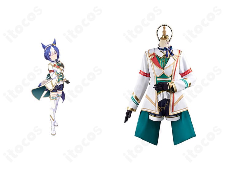 商品正面一式とシーザリオの勝負服コスプレ衣装セット。ウマ娘 プリティーダービーの高再現仕様が一目でわかる構成写真。