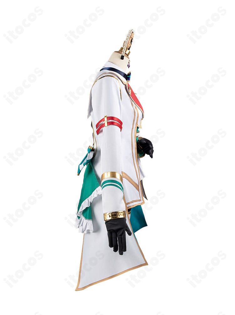 シーザリオ勝負服の右側ディテール。リボンと飾りチェーン、耳飾り周りの質感と意匠を強調。