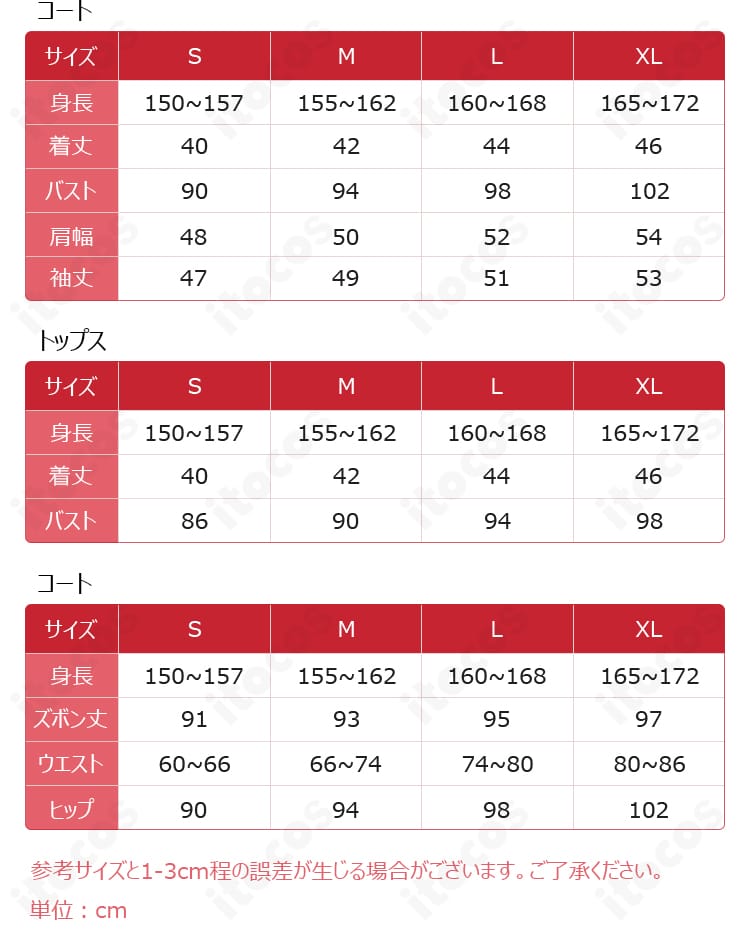 サイズ表：あんさんぶるスターズ！！ホットリミット衣装の各サイズ（S〜XL・オーダーメイド）ガイド