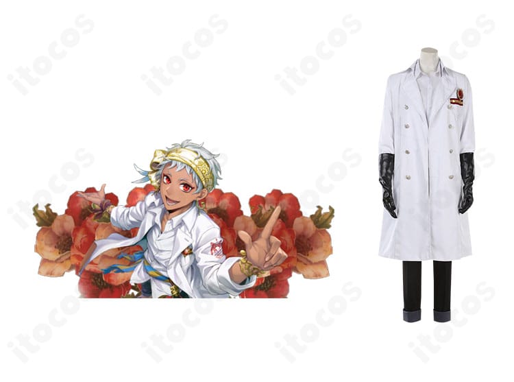 カリム・アルアジームと商品正面を並べた実験着コスプレ一式。コートと装飾の配色がわかる比較画像