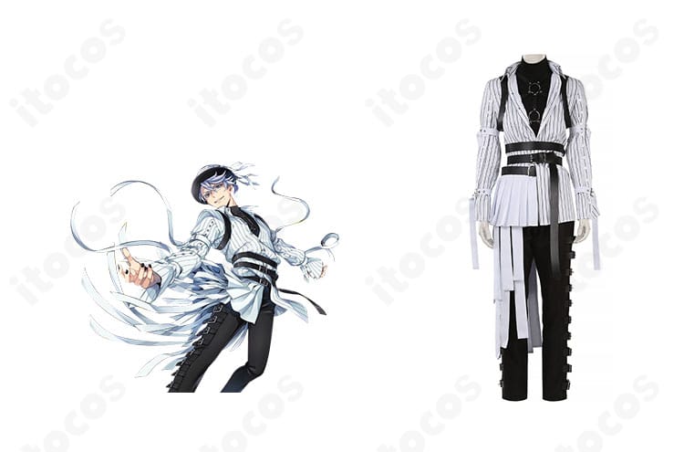 アズール・アーシェングロット／フロイド・リーチ／ジェイド・リーチのスケアリー・モンスターズ！衣装と商品正面を並べたイメージ