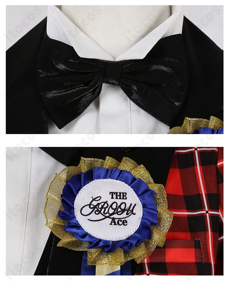エース・トラッポラ コスプレ衣装 蝶ネクタイと胸章、チェーンの装飾アップ