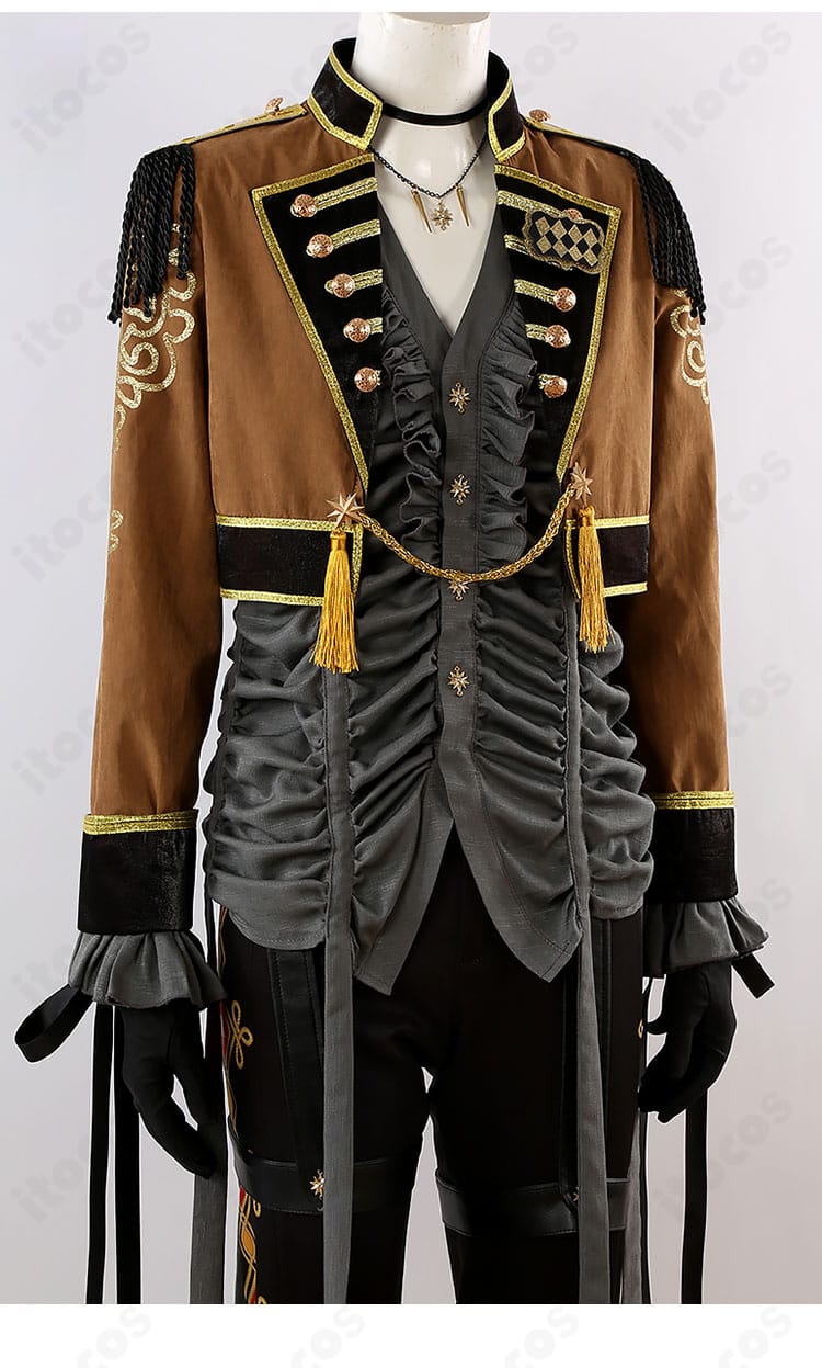 上衣の装飾ディテール。ゴールドアクセントと縁取り、質感のコントラストを拡大。