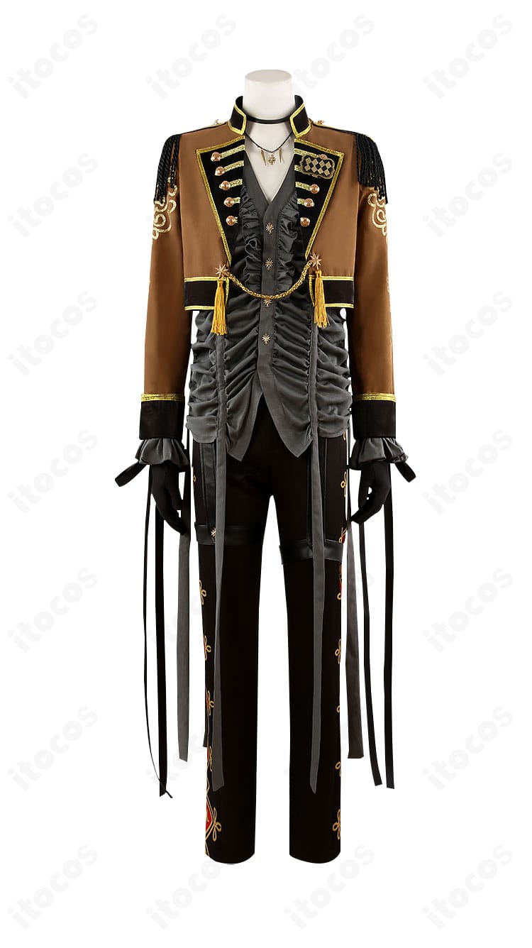 レオナ・キングスカラー ハロウィン衣装 正面全身。コートの丈感と配色、胸飾りの配置が分かるカット。