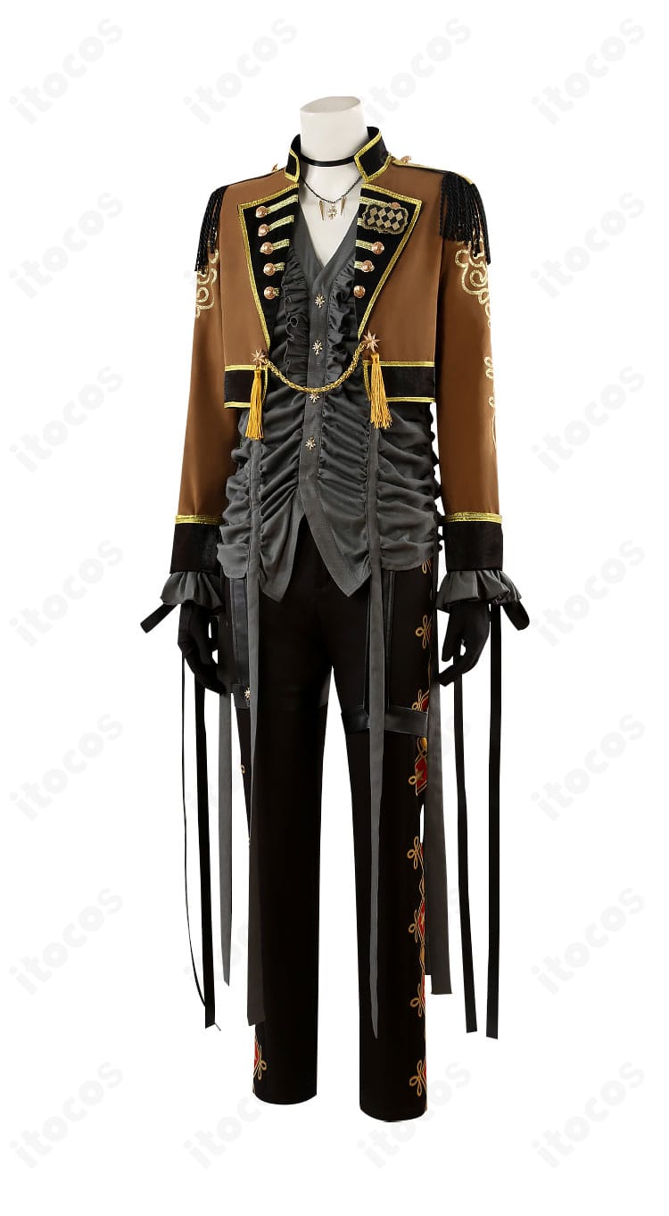 レオナ・キングスカラー ハロウィン衣装 左側面。ストラップと太もも飾りの位置関係、コートのドレープを強調。