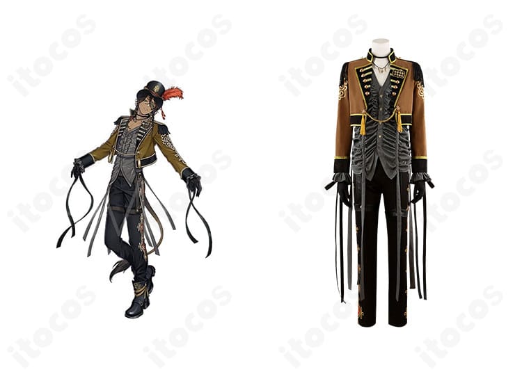 レオナ・キングスカラー ハロウィンver.2024コスプレ衣装の正面とキャラクター比較。主要装飾とシルエットの再現点を示す説明図。