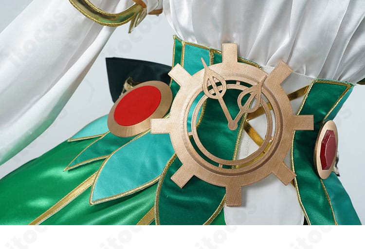 ホロライブ セシリア・イマーグリーン衣装のウエスト周り。コルセットベルトと腰飾りの配置ディテール。