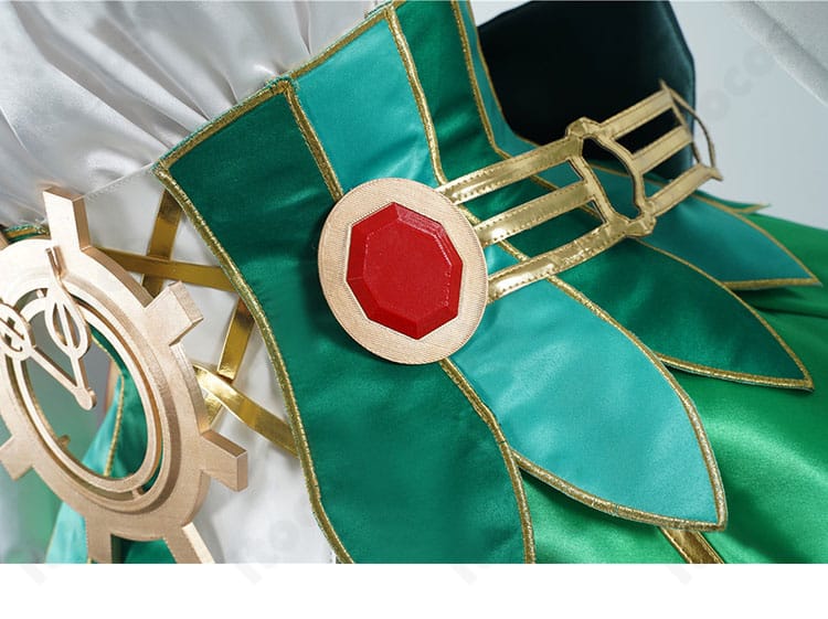 セシリア・イマーグリーン衣装の腰側面ディテール。装飾の重なりとステッチワークをクローズアップ。