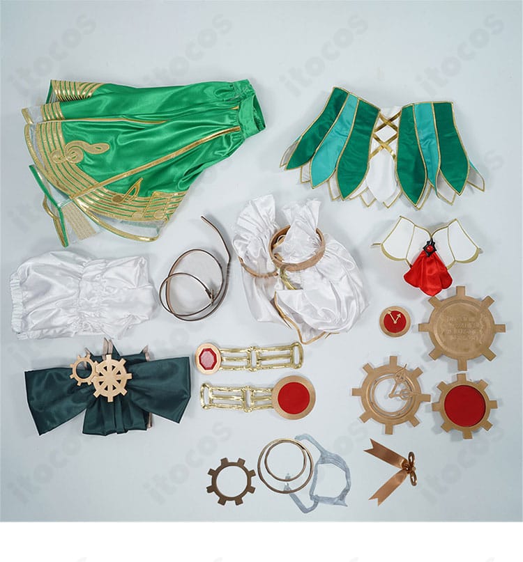 セシリア・イマーグリーン コスプレ衣装のセット内容一式。トップス、スカート、胸ベルト、袖、つけ襟、コルセット、腰・裾飾りなど。