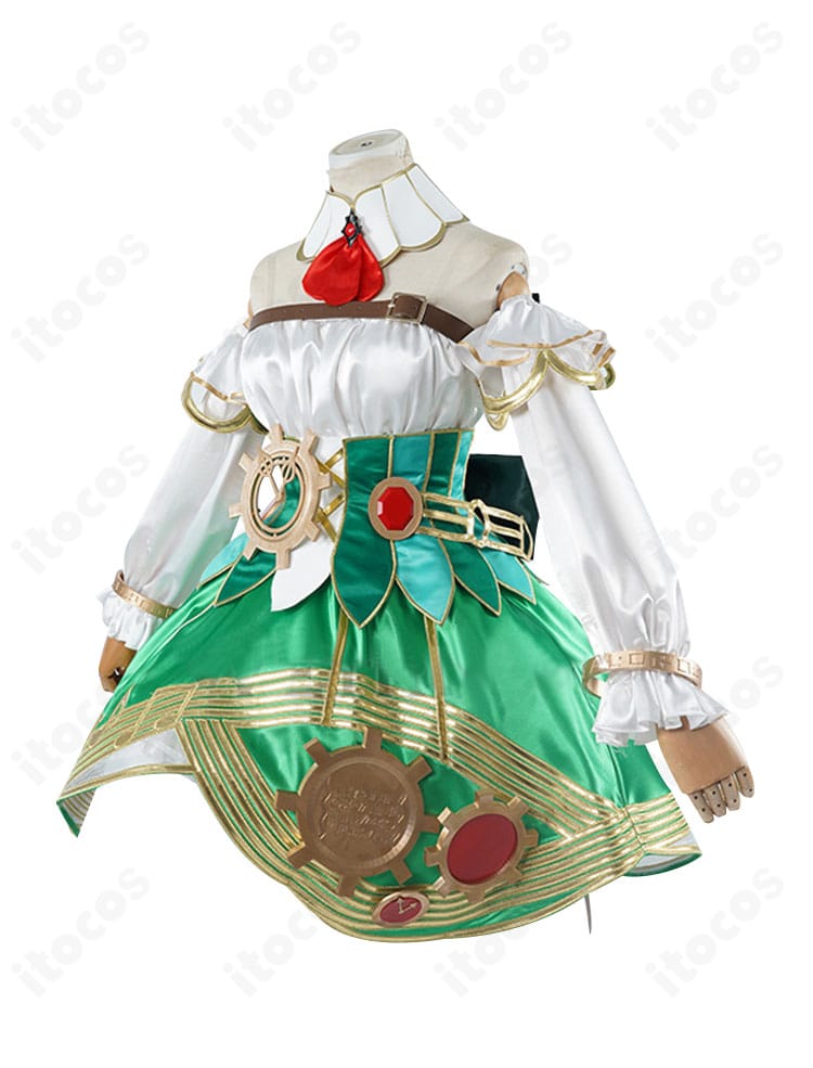 セシリア・イマーグリーン衣装のサイドビュー。コルセットベルトとスカートの立体シルエットを強調。