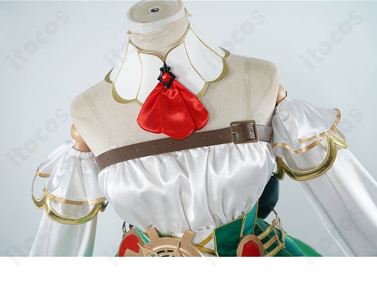 セシリア・イマーグリーン衣装の首飾りとリボンの近接。装飾パーツの質感と取り付けを表示。