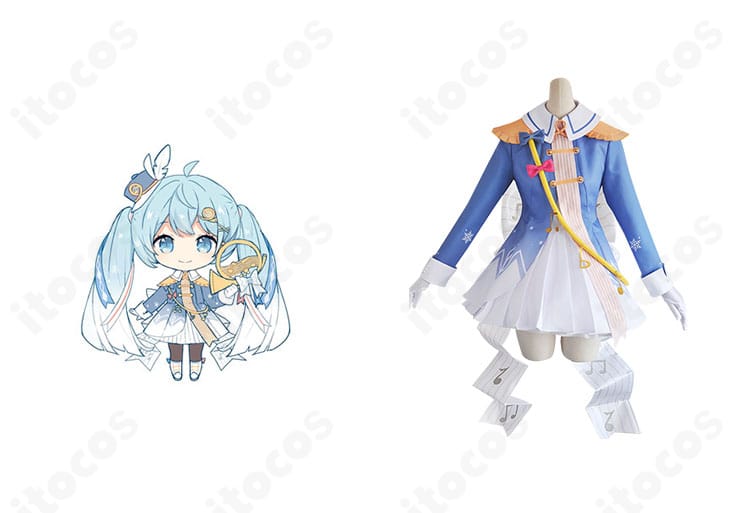 初音ミク（雪ミク）SNOW MIKU 2020マーチングバンド衣装の正面全身。キャラクターイメージに沿った配色と装飾が分かる。