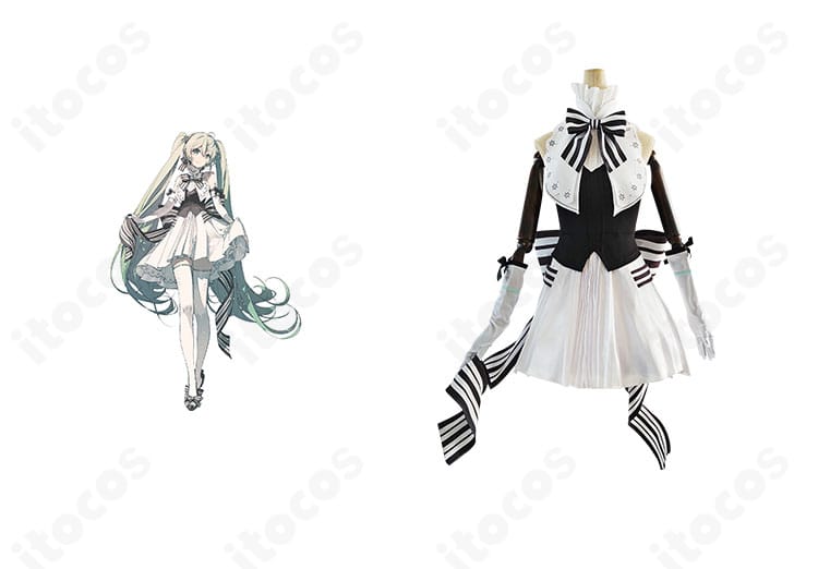 初音ミクシンフォニー2024版 初音ミク コスプレ衣装の正面。高再現ワンピースと背部用の大きな蝶結びを着用イメージで確認できる画像。