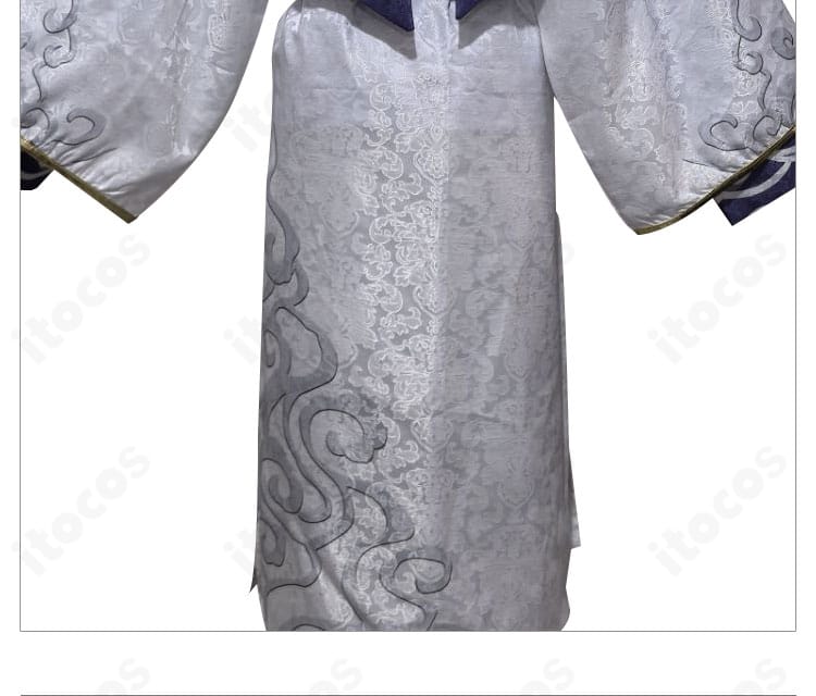 白無常コスプレ衣装の裾デザインの接写。直線的な裁ちと清潔感のある白が撮影映えするポイントを示す画像。