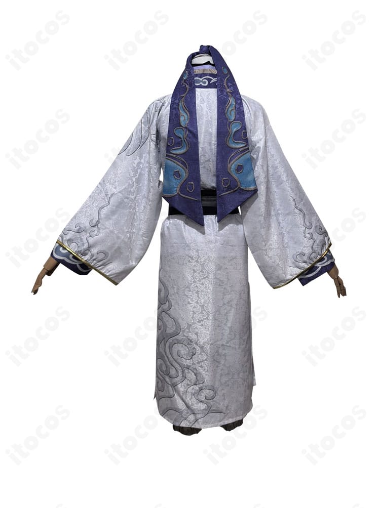 第五人格 白無常（謝必安）衣装の背面。背中から裾にかけてのロングラインと帯の結び位置、後ろ姿のシルエットが確認できる写真。