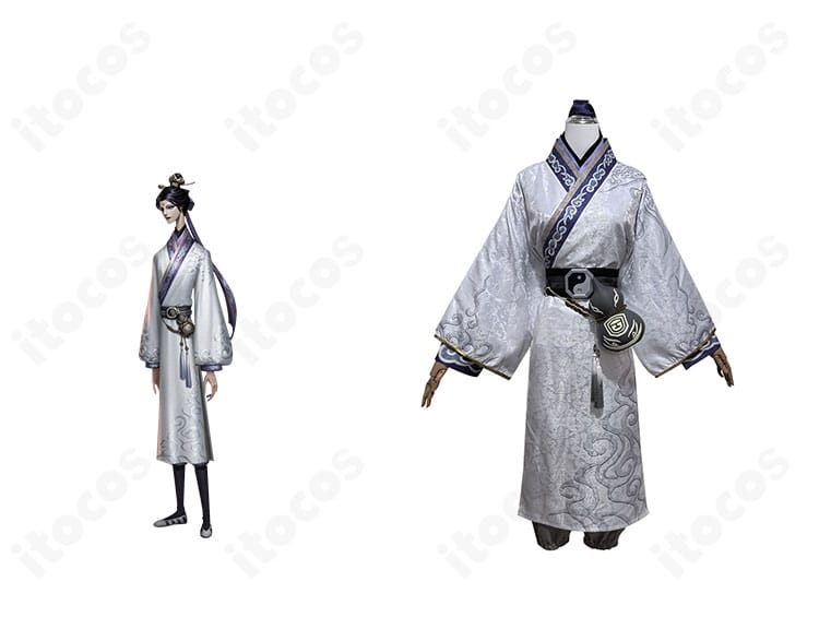 第五人格・白無常（謝必安）コスプレ衣装を着用した全身カット。長着と飾り帯、ヘアバンド、瓢箪までセットで再現されたシルエットが分かる画像。