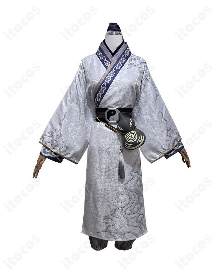 第五人格 白無常（謝必安）コスプレ衣装の正面ディテール。白基調の長着と帯の意匠、胸元のラインが確認できる商品写真。