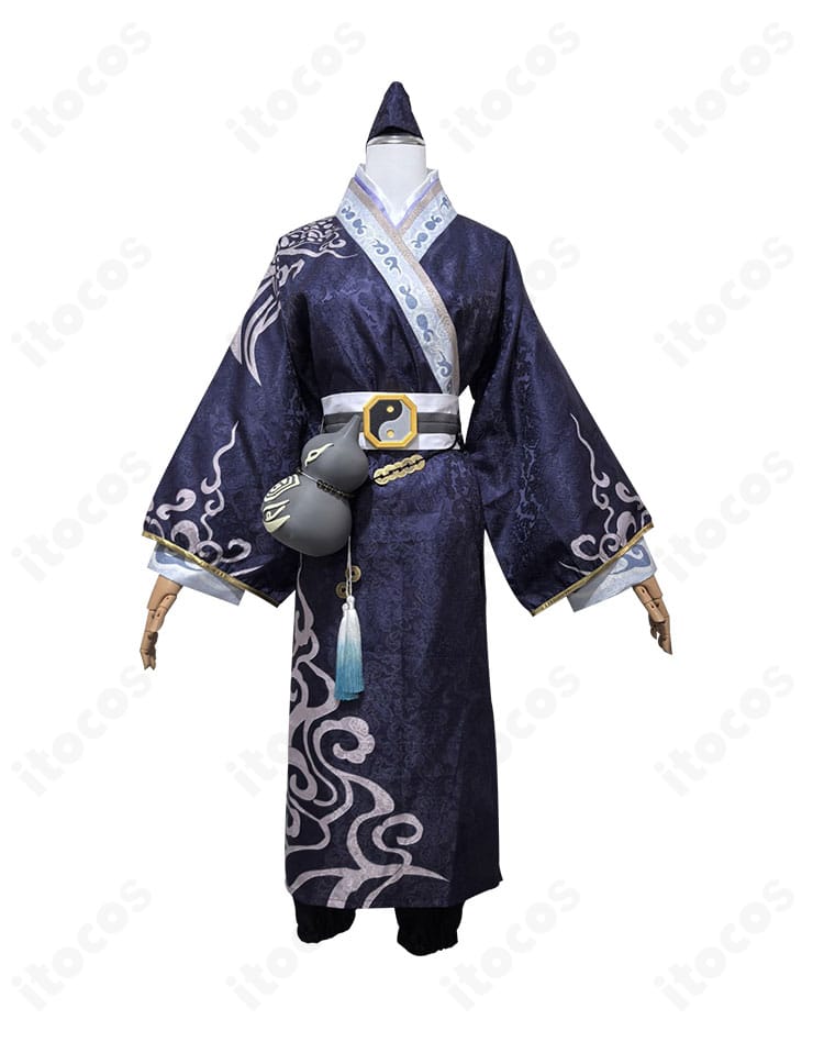 第五人格 黒無常（范無咎）陰陽司公コスプレ 正面全身。長着と帯の配置、胸元の意匠まで忠実に再現。