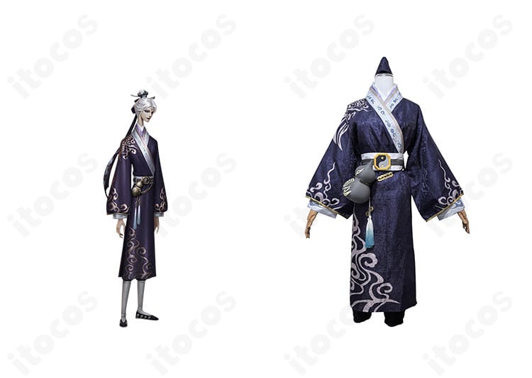 第五人格 黒無常（范無咎）陰陽司公のコスプレを着用した併せ写真。高再現の装飾とシルエットが分かる全身カット。