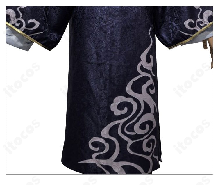 第五人格 黒無常（范無咎）陰陽司公コスプレ 衣裾の装飾アップ。縁取りと柄のディテールを明瞭に表示。