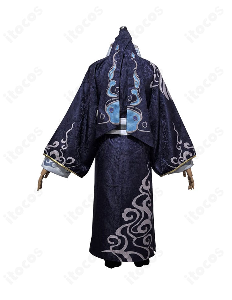 第五人格 黒無常（范無咎）陰陽司公コスプレ 背面。背中から裾にかけてのパターンと帯の結び位置が見える。