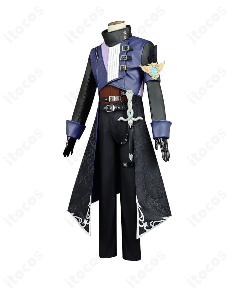 ノワール版コスチュームの側面シルエット。コートのラインと腰布のレイヤーが立体的に映えるデザイン。