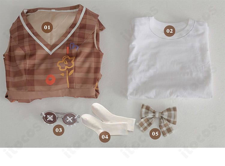 セット内容一式：ワンピース、シャツ、メガネ、髪飾り、靴下。届いてすぐに着用可能なフルセット。