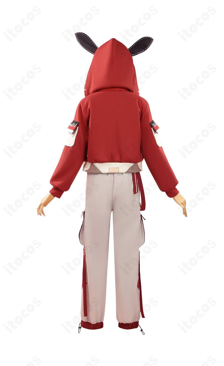 商品背面画像。ポチャッココラボ 囚人衣装のバックシルエットと裾の落ち感、背面装飾の配置を示す