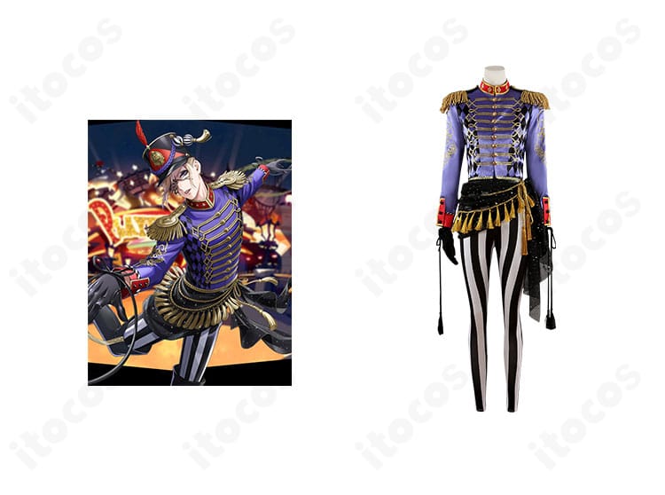 ヴィル・シェーンハイトのキャラクターと並んだ正面全体図。プレイフル・ドレスの配色と装飾を再現したツイステ衣装のイメージ。