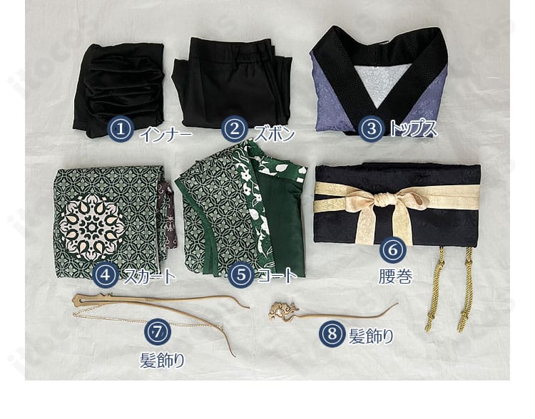 黒神話：悟空 クモ精（4番目の姉）コスプレ衣装のセット内容一式（コート・トップス・インナー・ズボン・スカート・腰巻・髪飾り）