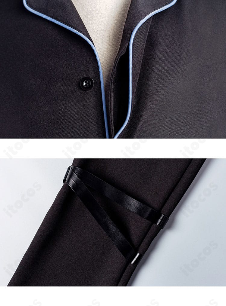 ロングコートの襟元ディテール。襟の形状とステッチワーク、端処理の丁寧さを示す近接写真。