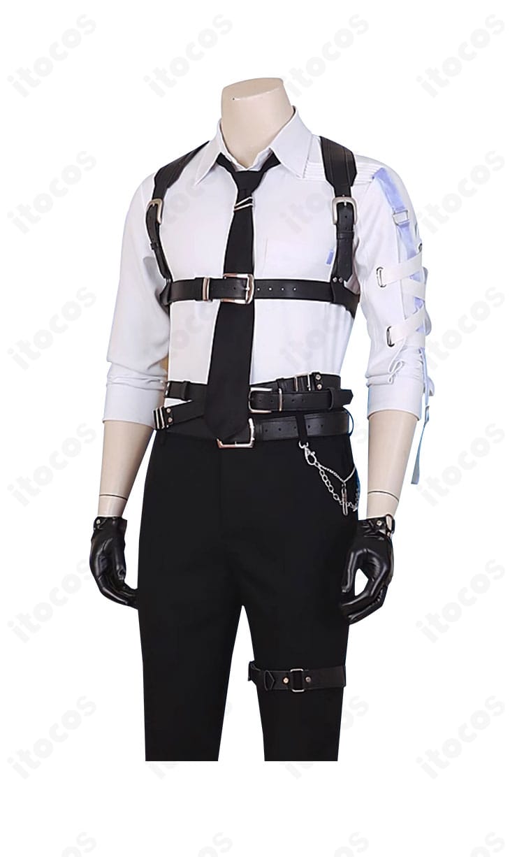 左側面の全身シルエット。ネクタイとベルトのラインが強調された構図