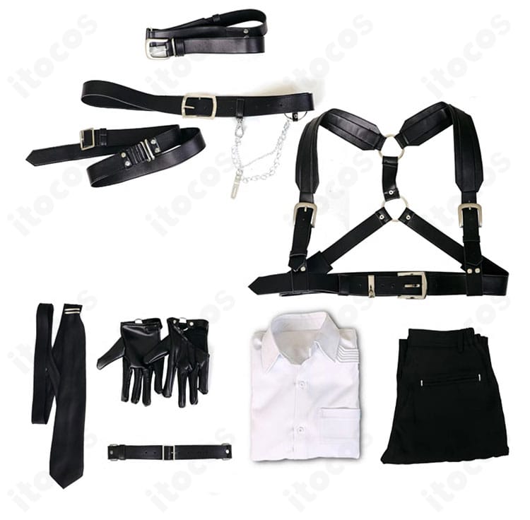 セット内容一式の平置き画像。シャツ・ズボン・ネクタイ・手袋・太ももベルト・ベルト・ハーネスベルト