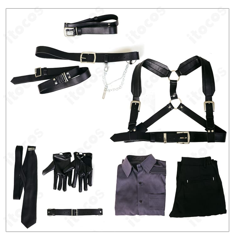 恋と深空 コスプレ衣装 セット内容一式。シャツ・ズボン・ネクタイ・手袋・太ももベルト・ウエストベルト・ハーネスベルト