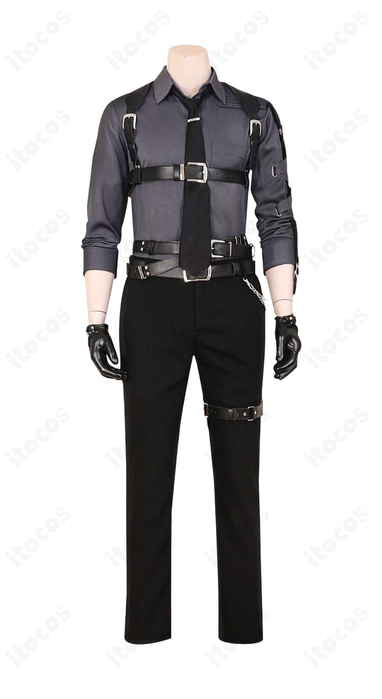 恋と深空 コスプレ衣装 正面図。襟元とネクタイ、ウエストベルトの配置まで詳細に写したディテール写真