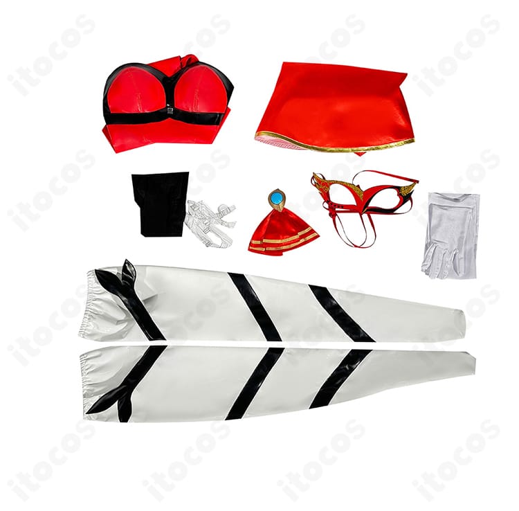 セット内容一覧画像。レオタード、マント、スカーフ、透明ストラップ、靴下、手袋、タイツ、仮面が並ぶフルセット。