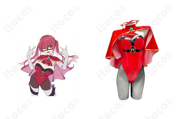 宝鐘マリンのパイパイ仮面衣装とキャラクターが並ぶ正面画像。レオタードとマントの配色や質感を高再現で確認できます。