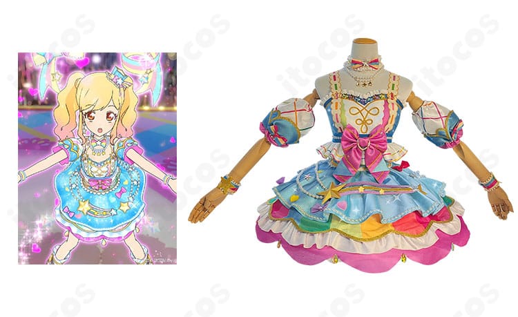 虹野ゆめのコスプレ衣装とキャラクターを並べた正面画像。全体シルエットと配色バランスが分かる構図。