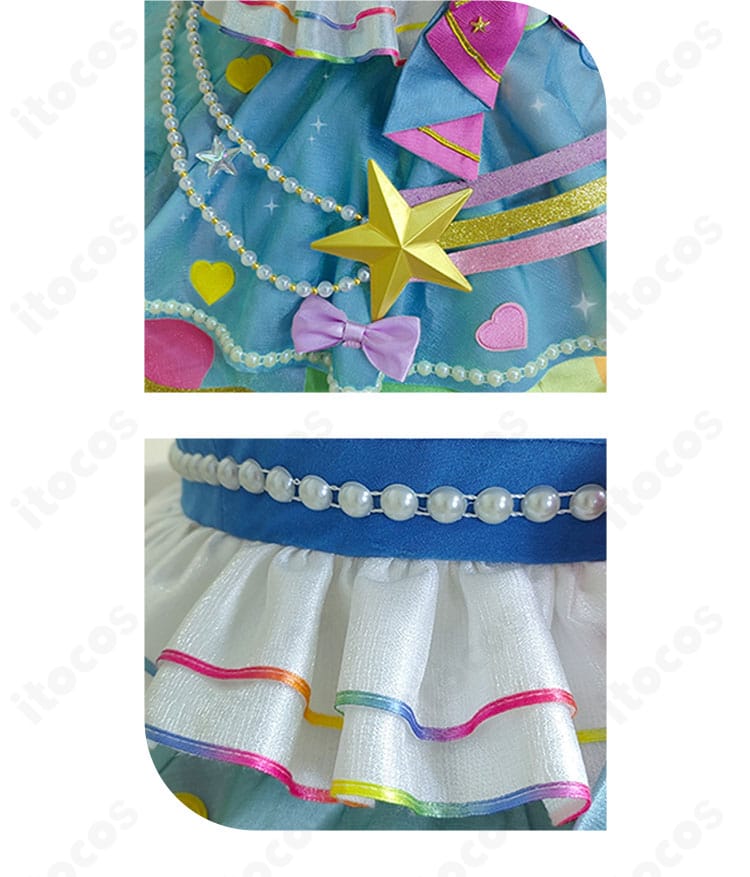 スカート装飾のクローズアップ。段差のあるフリルとトリムの配色、縁取りの仕上げが分かる写真。