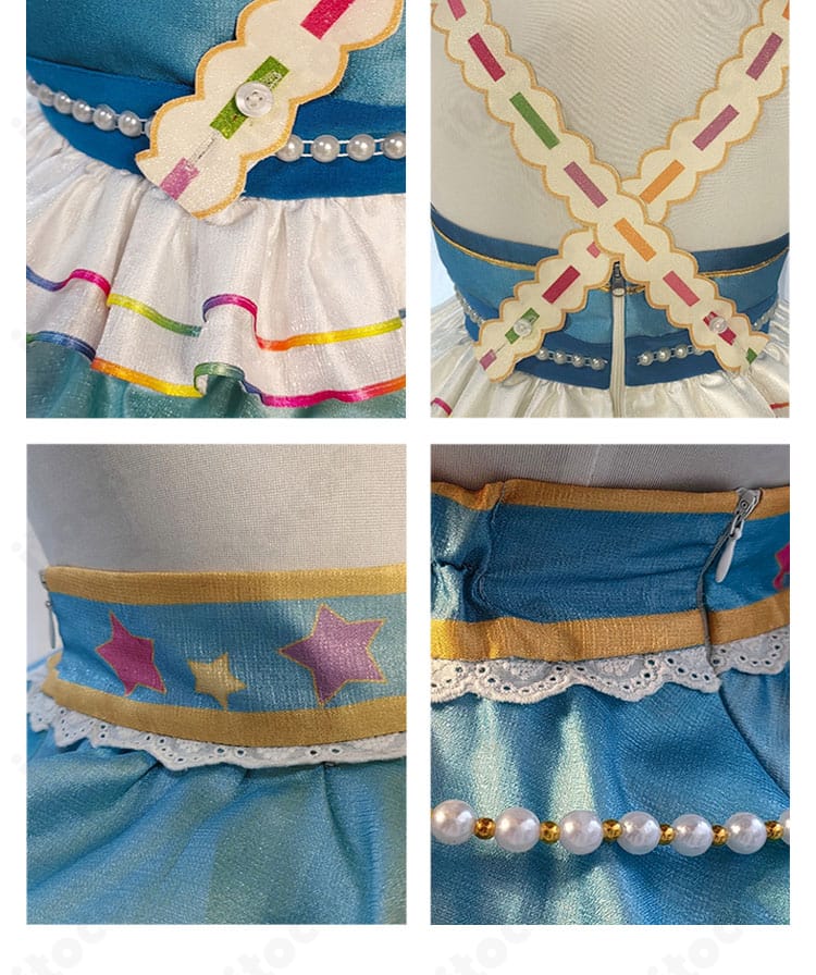 衣装背面とスカートヘムの構成。背面の切り替えラインと装飾のレイアウトを示す画像。