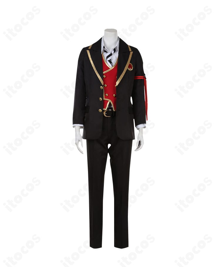 リドル・ローズハート コスプレ衣装 正面全体。コートとベストの重ね、赤黒白の配色と金縁を強調