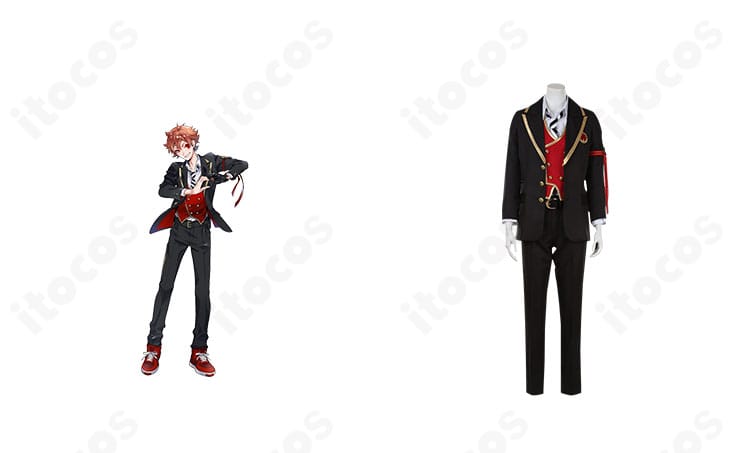 リドル・ローズハートと商品正面を並置したハーツラビュル寮制服コスプレ衣装の全体写真